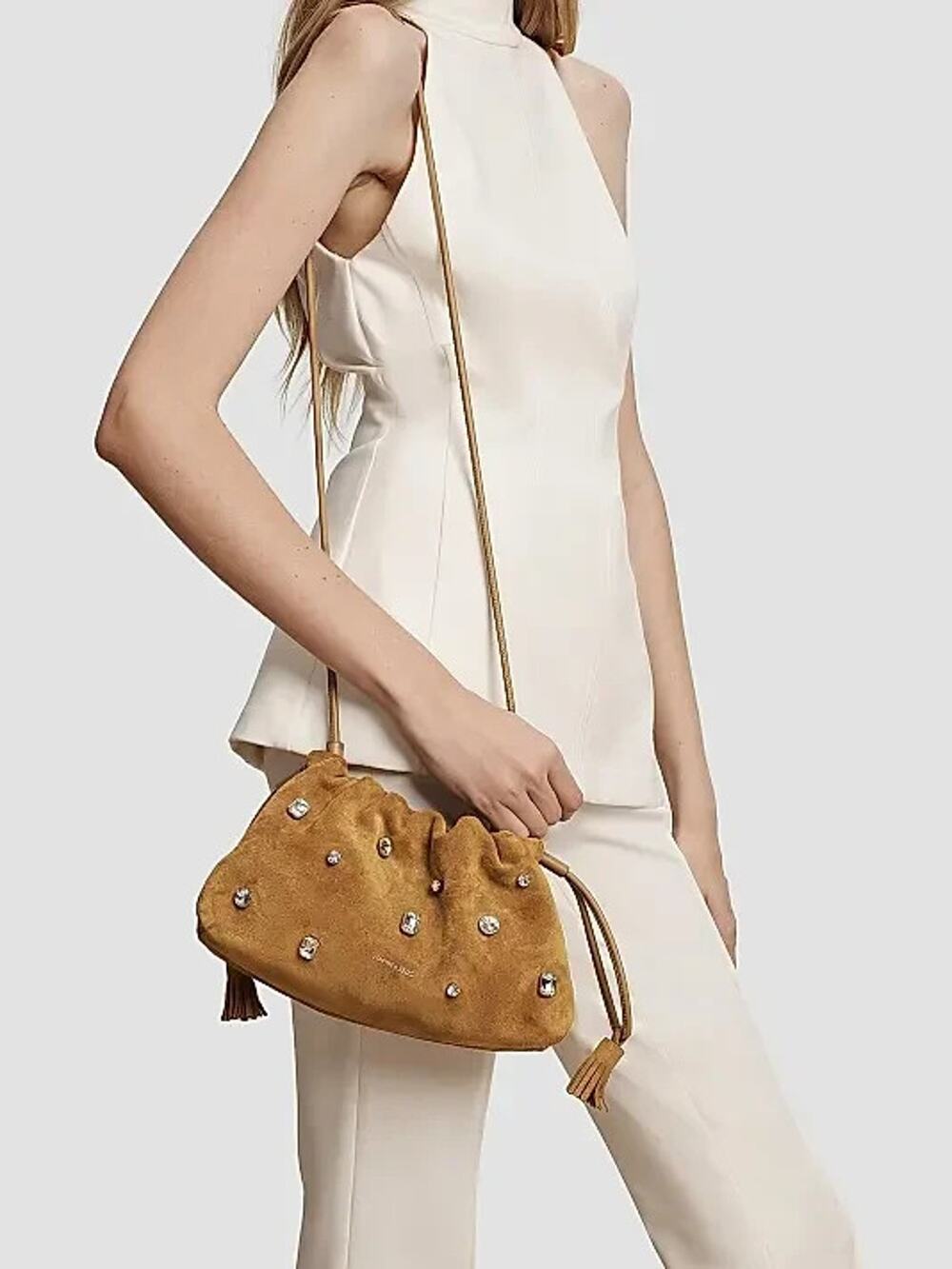 NWT Veronica Beard Small Crystal Suede Pouchette Crossbody Bag Acorn